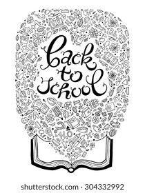 Back to school. Text message. Vector illustration. Set collection. Creative education concept for cards, tickets, branding, logo, label. Kids, children drawing. Web and mobile interface template 