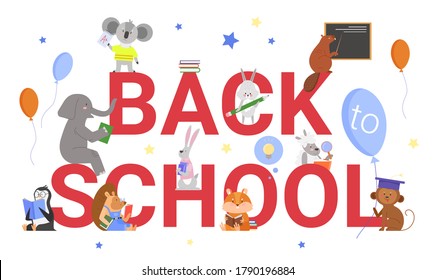 Back to school text motivation education concept vector illustration. Cartoon flat animal student characters schooling, standing and sitting with book or textbook next to big letters isolated on white