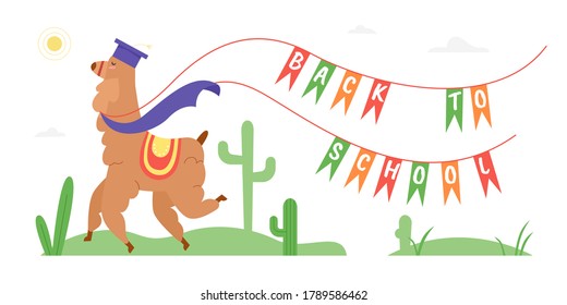 Back to school text motivation vector illustration. Cartoon flat wild happy llama or alpaca animal character in school graduate hat running with flags, creative education concept isolated on white