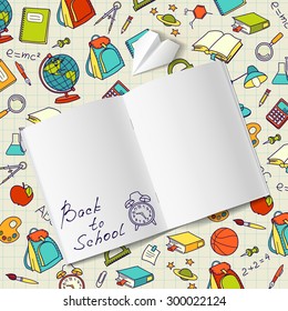 Back to school text in a notebook  end school vector doodle concept