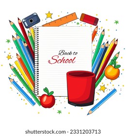 Back to school text in notebook item with crayons and pencil elements. Back to school concept banner and background