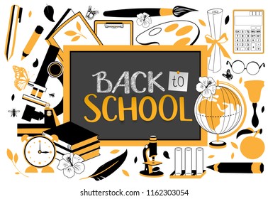 Back to school text on blackboard. Accessories for study. Vector illustration