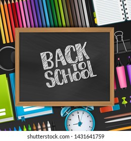 Back to school text on blackboard with wooden frame on a background with 3d realistic supplies for education. Vector illustration.