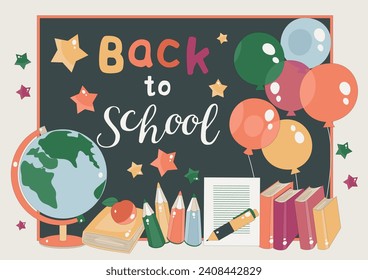 Back to school text on blackboard. Globe, colored pencils, books, balloons, pen. Vector illustration. Design in trendy colors
