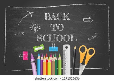 Back to school text on chalkboard with school supplies. Vector illustration