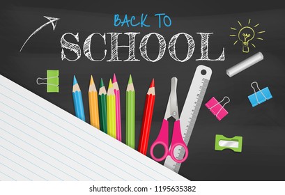 Back to school text on chalkboard with school supplies. Vector illustration