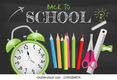 Back to school text on chalkboard with school supplies. Vector illustration