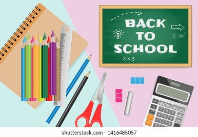 Back to school text on chalkboard with school supplies on green and pink background
