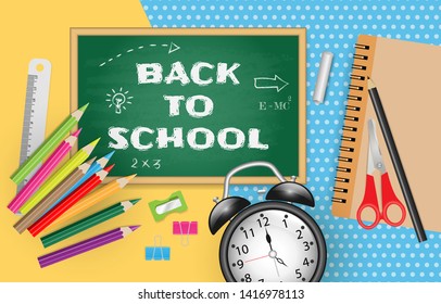 Back to school text on chalkboard with school supplies on colorful paper background