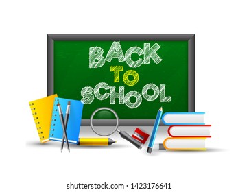 Back to school text on chalkboard with school supplies element such as magnifying glass, books, painting brush and highlighter pen.