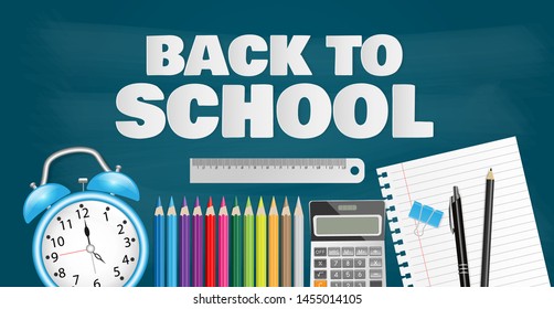Back to school text on chalkboard with school supplies. Vector illustration