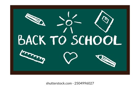 Texto de regreso a la escuela en la pizarra con patrones de tiza. Ilustración vectorial