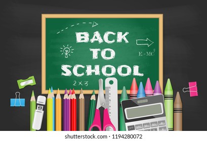 Back to school text on green chalkboard with school supplies. Vector illustration