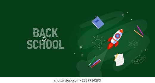 Back to school text on a green school blackboard. Vector banner.