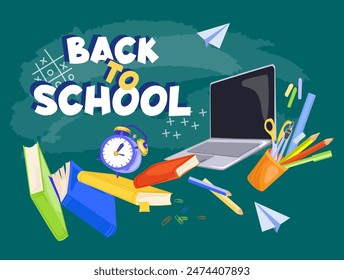 Back to school text on green chalk board with textbooks laptop and different school supplies.Vector 