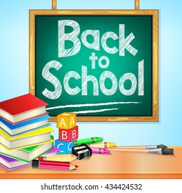 Back to School Text on Hanging Green Chalkboard with Books and Other School Items. Vector Illustration
