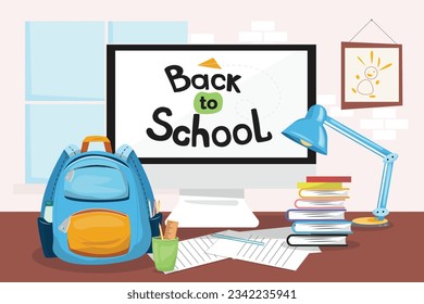 Back to school text on the monitor. Office desk with a monitor; school backpack; pencils; lamp on it. Flat vector cartoon illustration