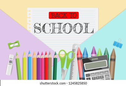 Back to school text on note paper with school supplies on pastel color background, flat lay. Vector illustration