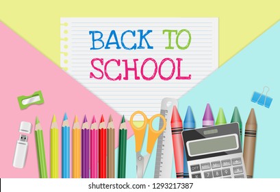 Back to school text on note paper with school supplies on pastel color background, flat lay. Vector illustration