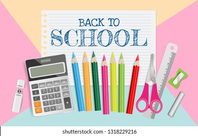 Back to school text on note paper with school supplies on pastel color background, flat lay. Vector illustration