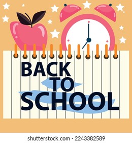 Back to school text on notebook paper sheets lined with alarm and apple background of education related symbols