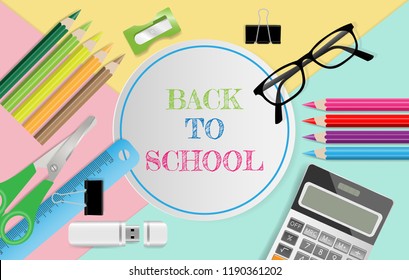 Back to school text on notepaper with school supplies on pastel color background, flat lay. Vector illustration