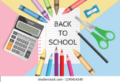 Back to school text on notepaper with school supplies on pastel color background, flat lay. Vector illustration