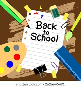 Back to school text on notepaper with school supplies on pastel color background, flat lay. illustration
