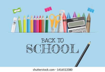 Back to school text on paper with school supplies on blue color background, flat lay. Vector illustration