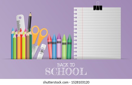 Back to school text on paper with school supplies on purple color background, flat lay. Vector illustration