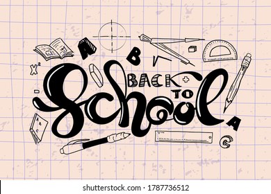 Volver al texto escolar en el fondo de la página del bloc de notas rosa. Regresar a la escritura vintage de aula con material escolar diseño de dibujos animados de doodle: regla, borrador, pluma, lápiz, brújula, divisor, protractor, libro.