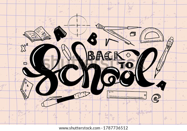Back to school text on pink notebook page\
background. Return to classroom vintage lettering with school\
supplies doodle cartoon design: ruler, eraser, pen, pencil,\
compass, divider, protractor,\
book.