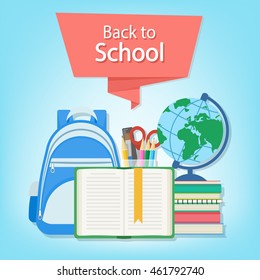 Back to school text on the red banner. Open book with a bookmark and school supplies such as a backpack, textbooks, notebook, globe, stationery set. Flat Style Education Concept. Vector illustration.