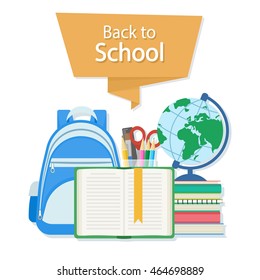 Back to school text on the red banner. Open book with a bookmark and school supplies such as a backpack, textbooks, notebook, globe, stationery set. Flat Style Education Concept. Vector illustration.