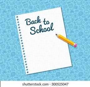 Back to school text on sheet of lined notebook paper and flat vector pencil on blue pattern of education related symbols. Texture can be tiled seamlessly in any direction. 