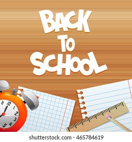 Back to school text on sheet of lined notebook paper and flat vector pencil on brown pattern of education related symbols.