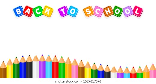 back to school text on white for copy space, colorful pencils crayon pastel cute in a row, banner preschool back to school of kids, crayon pencil cartoon, rainbow pencil kindergarten child learning