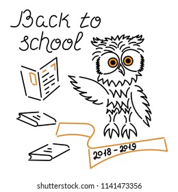 Back to school text. Owl, textbooks. Vector illustration.