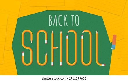 Back to school, the text in pencil style. School concept. Orange sheets of paper on a green board