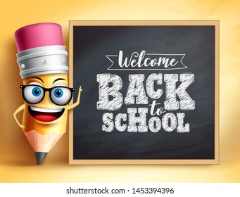 Back to school text with pencil vector character. Pencil mascot wearing teacher's glasses talking in students with chalkboard. Vector illustration.
