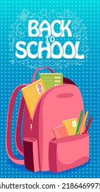 Back to school text. Pink backpack and white pencil elements. Vector vertical illustration