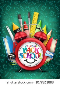 Back to School Text in Red Alarm Clock with Books, Crayons and Other School Items in Green Background. Vector Illustration 
