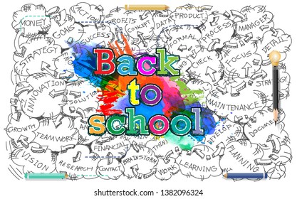 Back  to school Text - Sketch plan education  - doodle art - Creativity modern design -  with Background Colorful watercolor stains collection.