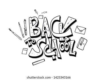 Back to school text with stationary. Template for sale cards and promotion. Vector illustration.