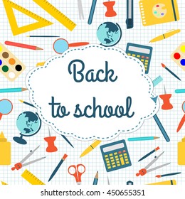 Back to school text, stationery, colorful background