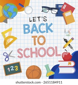 Back to School text style with colorful stationery themed background. Best for Back to School and educational poster, greeting, welcoming, graphic, background, information, social media feed. 