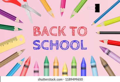 Back to school text with school supplies on pink background. Vector illustration