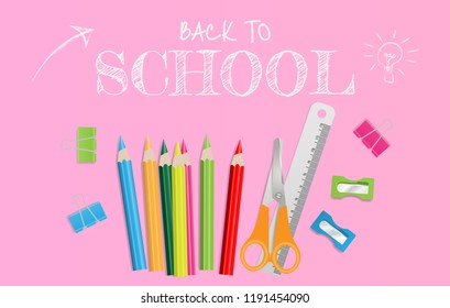 Back to school text with school supplies on pink background. Vector illustration