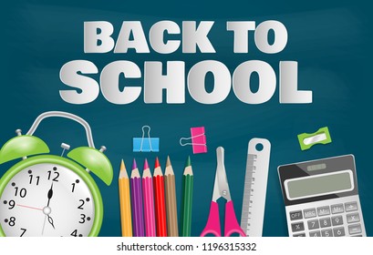 Back to school text with school supplies on chalkboard background. Vector illustration