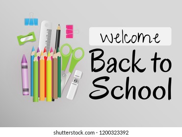 Back to school text with school supplies on gray background. Vector illustration